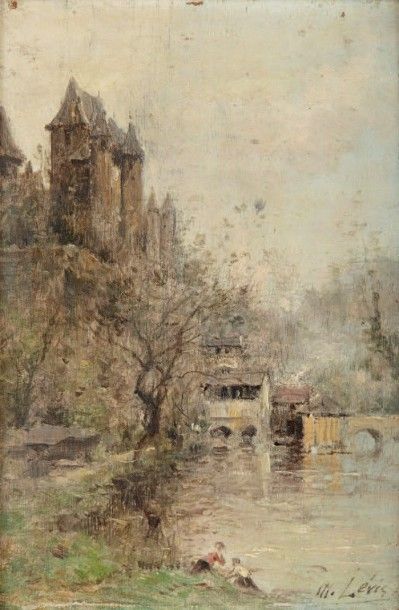 Maurice LÉVIS (1860-1940) Le manoir surplombant la rivière Huile sur panneau, signée...