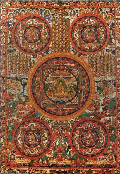 TIBET Grand TANKA 5 divinités représentées dans des médaillons 122 x 88 cm