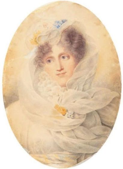 ISABEY Jean-Baptiste (Ecole de) 1765-1855 Portrait de jeune femme aux fleurs dans...