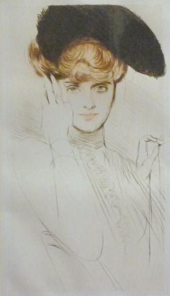 Paul HELLEU Femme au chapeau de face, bague au doigt. 39, 2 x 21, 7 cm. Pointe sèche...