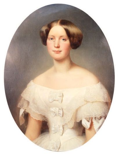 Charles GOMIEN (Villers-les-Nancy 1808-1876) Portrait de jeune fille en robe blanche...