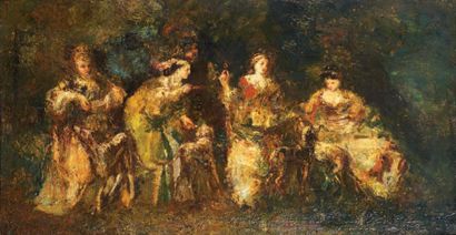 Adolphe Monticelli (1824-1886) Quatre élégantes au parc Huile sur toile, signée en...