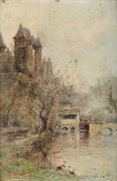 Maurice LÉVIS (1860-1940) Le manoir surplombant la rivière. Huile sur panneau, signée...