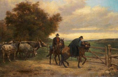 Jules DIDIER (1831-1914) Troupeau et gardiens à cheval. Huile sur toile, signée en...