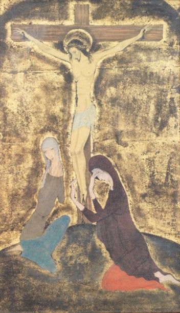 Léonard FOUJITA (1886-1968) Les Saintes femmes au pied de la croix. Gouache sur fond...