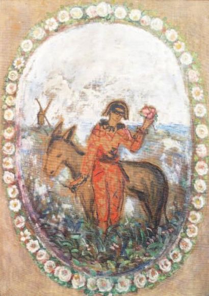 Pierre LAPRADE (1875-1932) Arlequin dans un médaillon. Huile sur toile. Signée en...