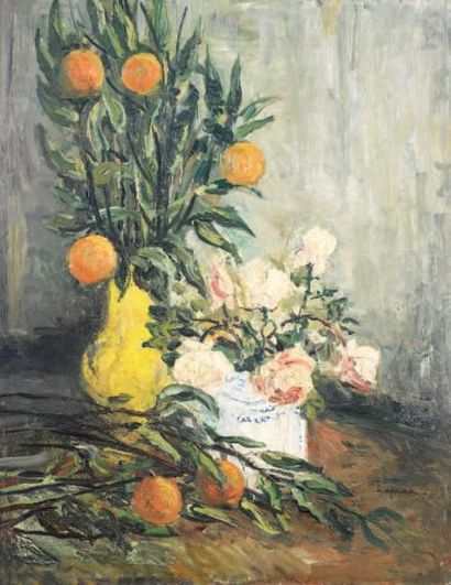 Pierre LAPRADE (1875-1932) Roses et branches d'oranger. Huile sur toile. Signée en...