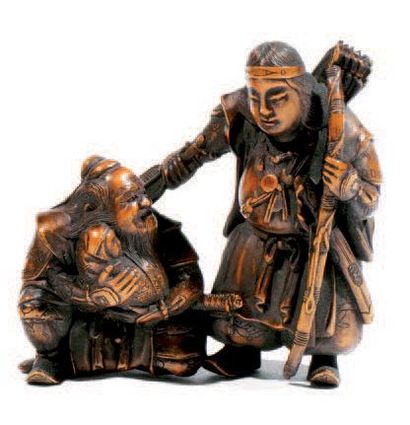 null Okimono-netsuke en bois représentant un vieil homme assis, tenant un enfant,...