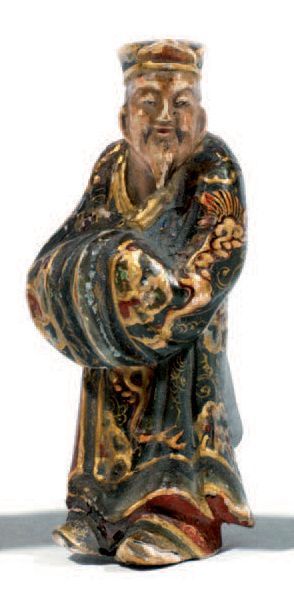 null Netsuke en bois polychrome représentant un sage chinois. Japon, période Edo,...
