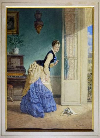 Gustave DAVID (1824-1891) La jeune femme et le bouquet de fleur Aquarelle, signée...