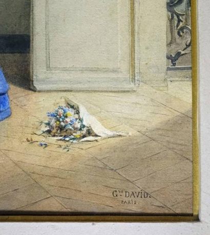Gustave DAVID (1824-1891) La jeune femme et le bouquet de fleur Aquarelle, signée...