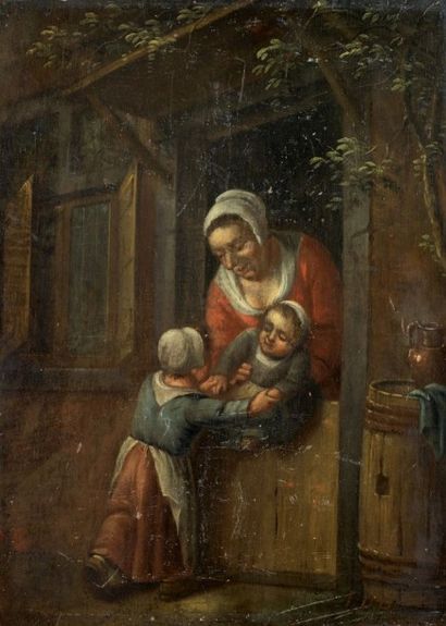 École HOLLANDAISE (Genre du XVIIe siècle) Mère et ses deux enfants dans l'embrasure...
