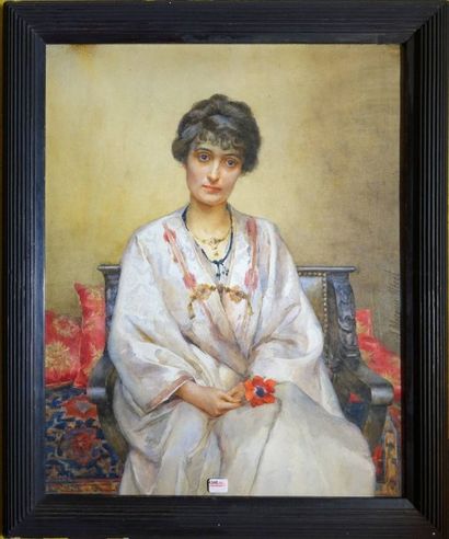 Adrien MOREAU-NERET (1860-1944) Femme assise en robe de chambre Aquarelle, signée...