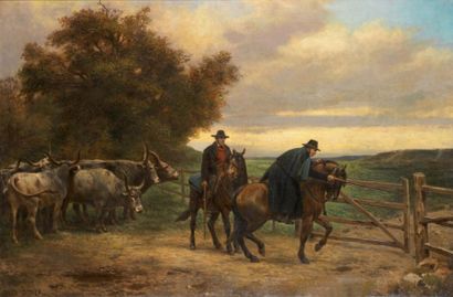 Jules DIDIER (1831-1914) Troupeau et gardiens à cheval. Huile sur toile signée en...