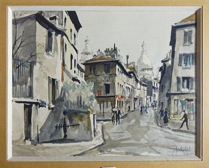 HERBELOT (XXème siècle) Rue animée à Montmartre Lithographie aquarellée, signée et...