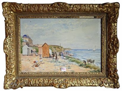 Félix VIONNOIS (1841-1902) Sur la plage de Lion sur mer Aquarelle, signée et située...