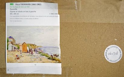 Félix VIONNOIS (1841-1902) Sur la plage de Lion sur mer Aquarelle, signée et située...
