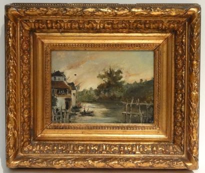 J. ou S. HANCHER (XIX-XXème) Barque sur la rivière Huile sur toile, signée en bas...