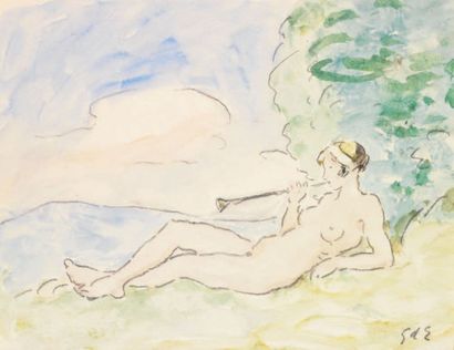 Georges D'ESPAGNAT (1870-1950) 
Bacchante nue allongée
Aquarelle, signée en bas à...