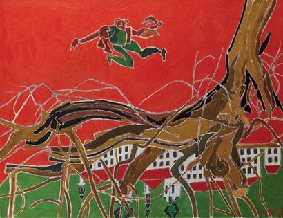 Henri LANDIER (1935-) 
La chute
Huile sur toile, série Prague
91 x 116 cm