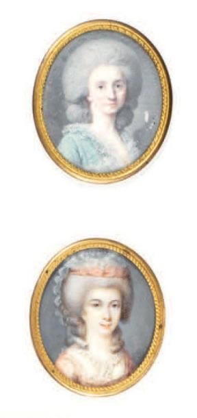 École FRANÇAISE - Seconde moitié du XVIIIe siècle 
Portrait de femme à la robe verte
Miniature...