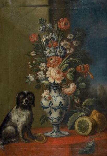 École FRANÇAISE de la première moitié du XIXe siècle 
Vase de fleurs au petit chien
Huile...