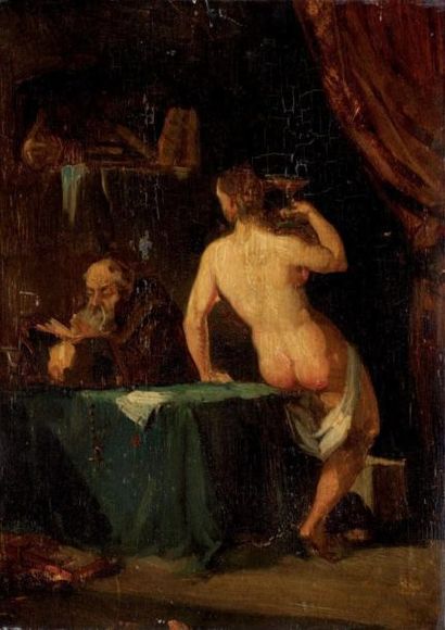 ECOLE FRANÇAISE DU XIXe «Femme nue buvant du vin assise sur la table d'un moine»
Huile...