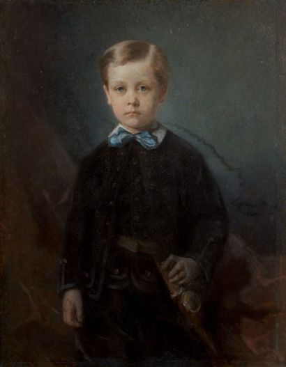 Alphonse-Louis GALBRUND (1810-1885) 
Portrait de jeune garçon en costume de chasse
Pastel,...