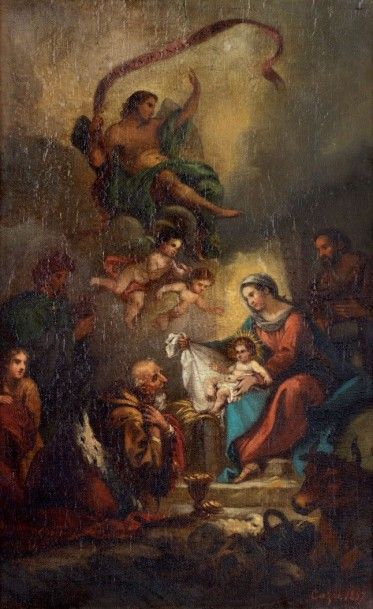 Romain CAZES (1810-1881) 
Adoration des mages
Huile sur toile
Signée et datée 1857...