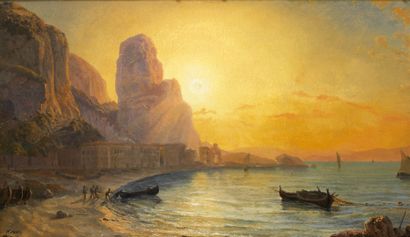 Attribué à Friedrich II NERLY (1842-1919) 
Vue de Terracine au coucher de Soleil
Huile...