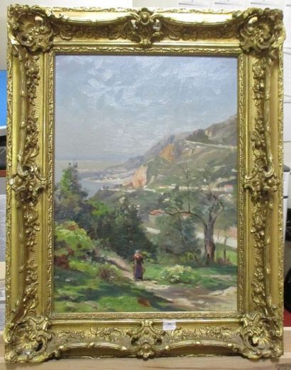 Arthur GUÉ (1857-1916) 
Femme dans un paysage de bord de mer
Huile sur toile
Signée...
