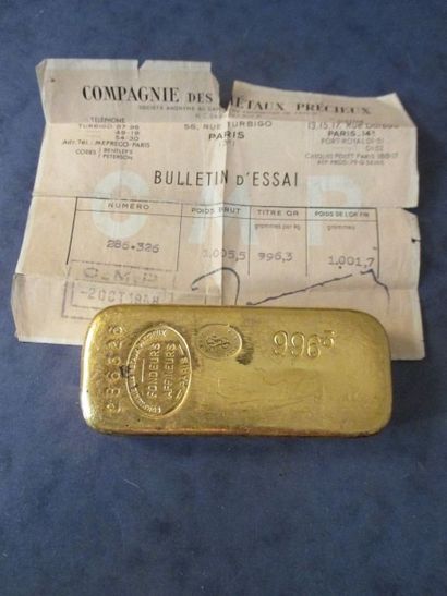 null Un lingot d'or n°286326 Compagnie des Métaux Précieux, pds d'or: 996,3 g. avec...