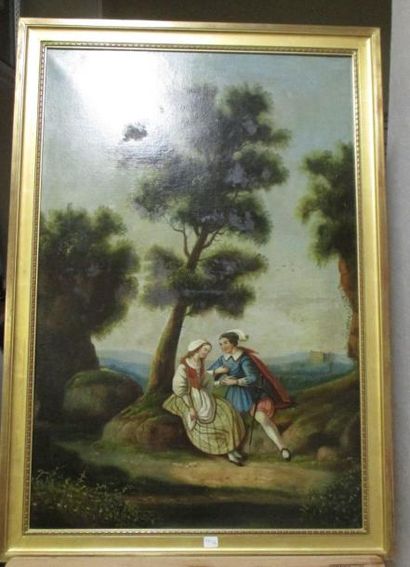 ECOLE DU XIXème s. Scène galante
Huile sur toile
82 x 54,54 cm. (rentoilage, enf...