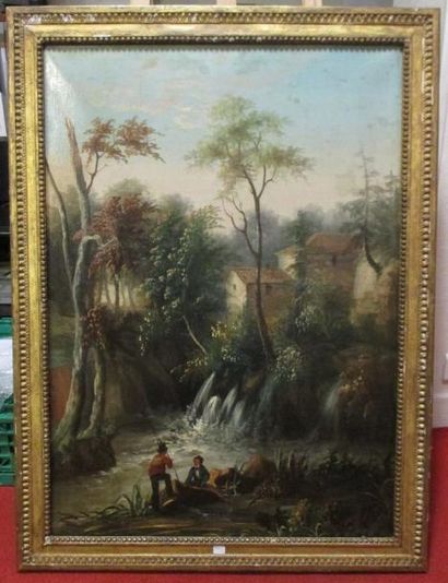 ECOLE DU XIXème s. Cascade et deux personnages
Huile sur toile
93,5 x 66,5 cm. (rentoilage,...