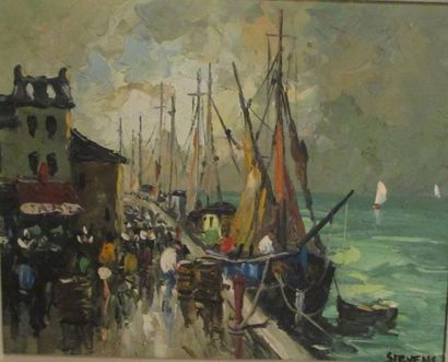 STEVENS Port de pêche à Douarnenez, huile sur toile, signée en bas à droite, 23 x...