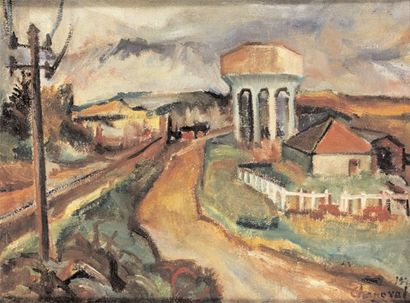 CHAPOVAL Youla (1919-1951) "Le château d'eau" Huile sur toile, signée en bas à droite...