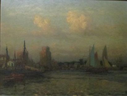 Paul JAUBERT (1865-1942) "L'avant-port de La Rochelle derniers rayons"

Huile sur...