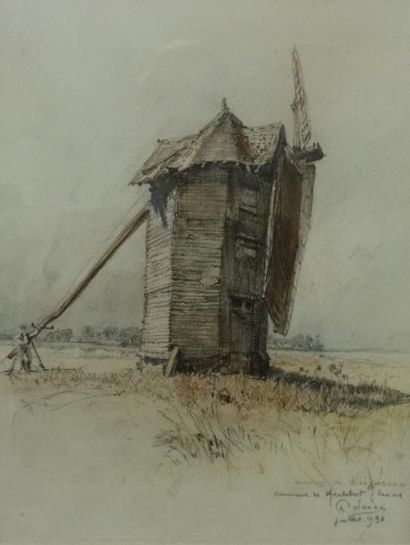 Charles JOUAS (1866-1942). "Moulin Woignarue, commune de Hantebute (Somme)".

Crayon...