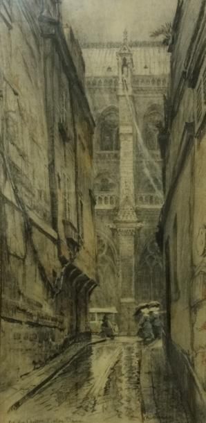Charles JOUAS (1866-1942). "Rue du cloître Notre-Dame, Paris". 

Crayon gras signé...