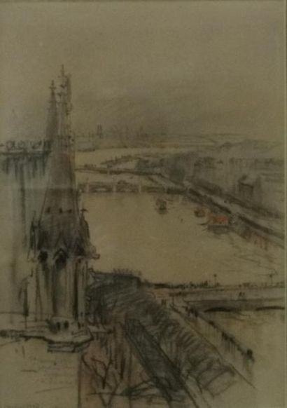 Charles JOUAS (1866-1942) "La Seine vue des tours de Notre Dame de Paris" 

Crayon...