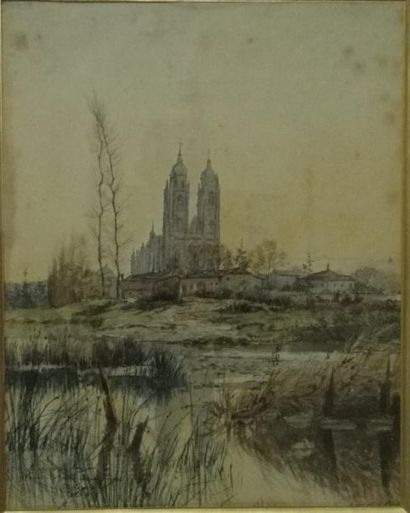 Charles JOUAS (1866-1942) Vue d'une cathédrale depuis une rivière. 

Aquarelle signée,...