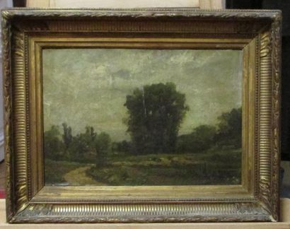 Ecole du XIXème siècle s. "Paysage au chemin" 

Huile sur carton

23 x 35 cm.