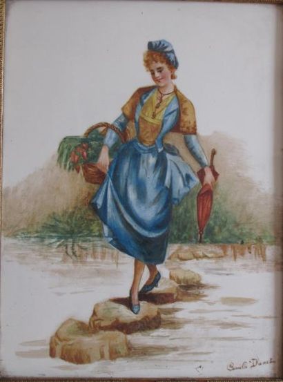 Camille DURET "Femme traversant une rivière". Tableau en porcelaine. 32x23cm
