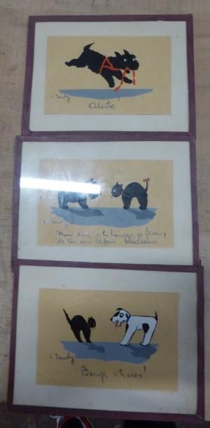 null H.BAUDY chien et chat trois gouaches signées en bas à gauche 10,5X15 cm

