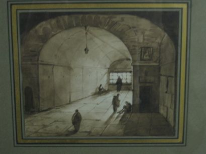 GRANET François-Marius (1775-1849).Attribué à. "Intérieur de couvent avec cinq personnages."...