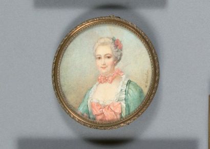 BOUCHER François (1703-1770). D'après. "Portrait de femme aux rubans roses" Miniature...