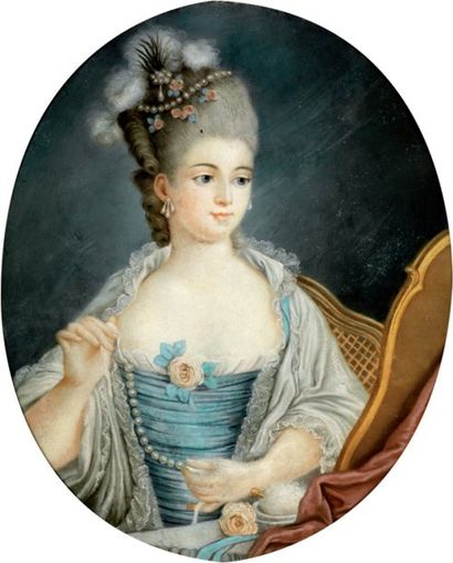 École française. Dans le goût du XVIIIe siècle "Jeune femme à son miroir un collier...