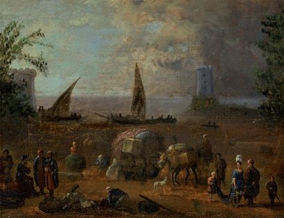 MEIREN Jean-Baptiste (Anvers 1664-1708). Attribué à "Vue d'un port avec des marchands...