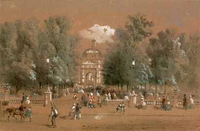 École française du XIXe siècle "Promeneurs dans le jardin des Tuileries" Crayon noir,...