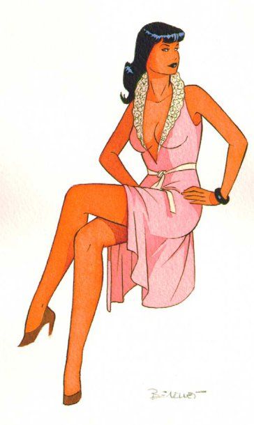 BERTHET PIN UP Poison Ivy à la robe rose Très belle illustration à l'encre de chine...